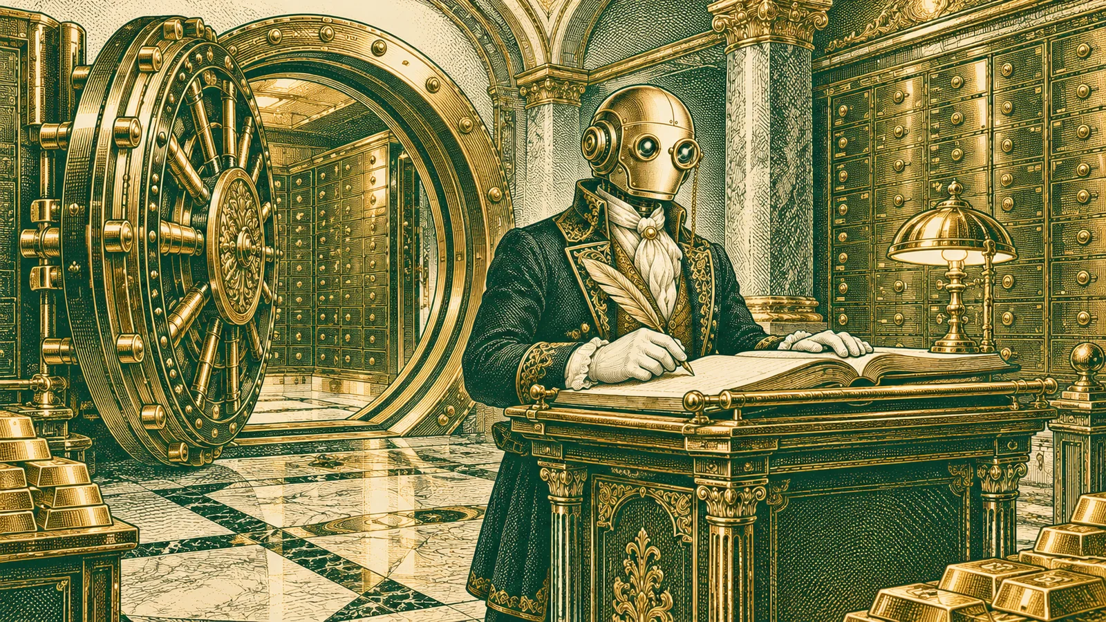 the custodian at the ledger, vault door open